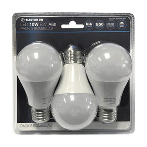 pack de 3 Bombillas A60, 10W, casquillo E-27. Ideal para iluminar tus espacios con luz diurna, eficiente y duradera, perfecta para cualquier ambiente hogareño o comercial.